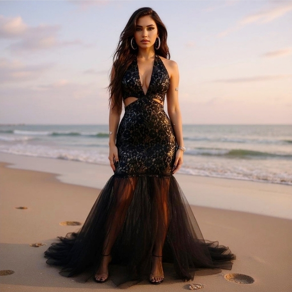 Evening Gown – Nova Luxe – Black – Halter Deep V Maxi w/ Cutouts & Tulle Hem – M - Picture 3 of 16